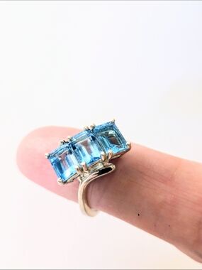 Sterling Silver 3.90 CTW Emerald Cut Swiss Blue Topaz Vintage Ring Size 6.5